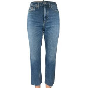 Topshop Women's Blue High Waisted Straight Leg Raw Hem Cropped Denim Jeans Sz 24